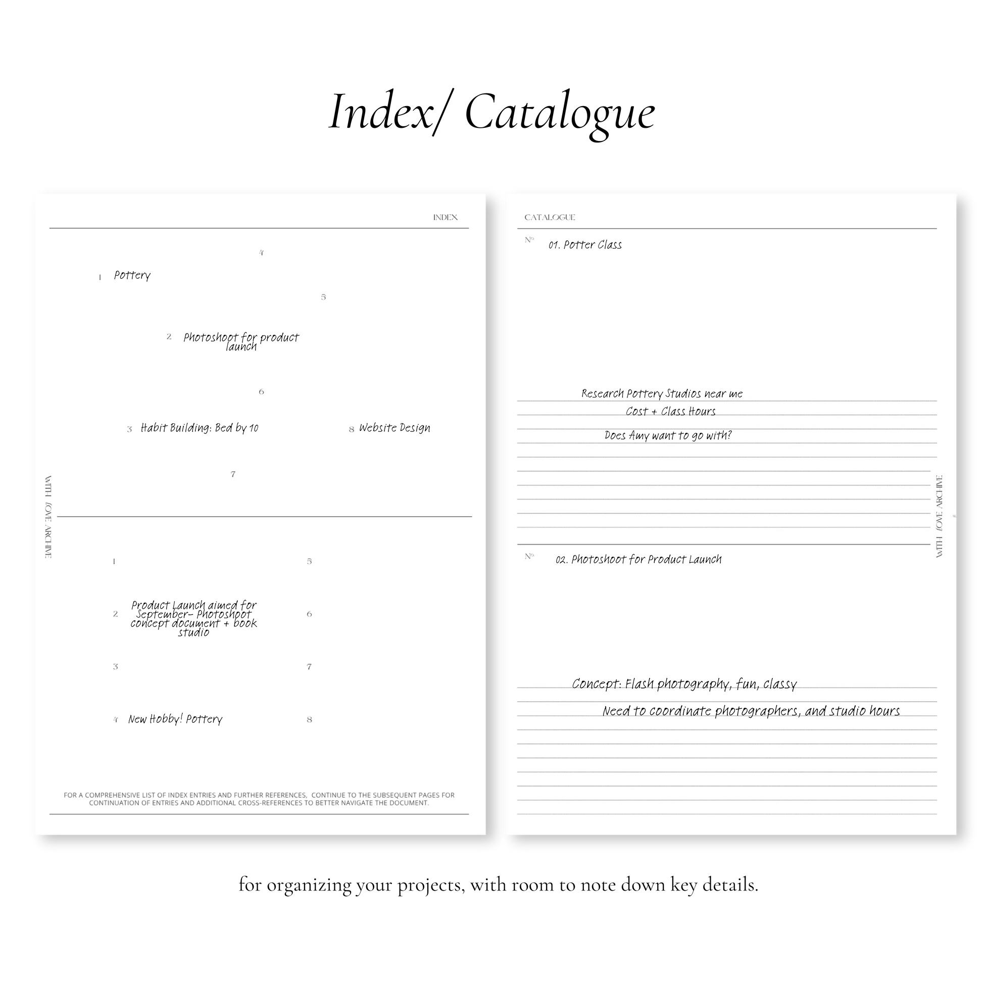 Project Inserts (Index, Catalogue, Project Planning, Project Calendar) - With Love Archive