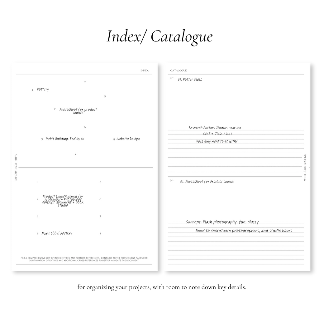 Project Inserts (Index, Catalogue, Project Planning, Project Calendar) - With Love Archive