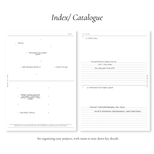 Project Inserts (Index, Catalogue, Project Planning, Project Calendar) - With Love Archive