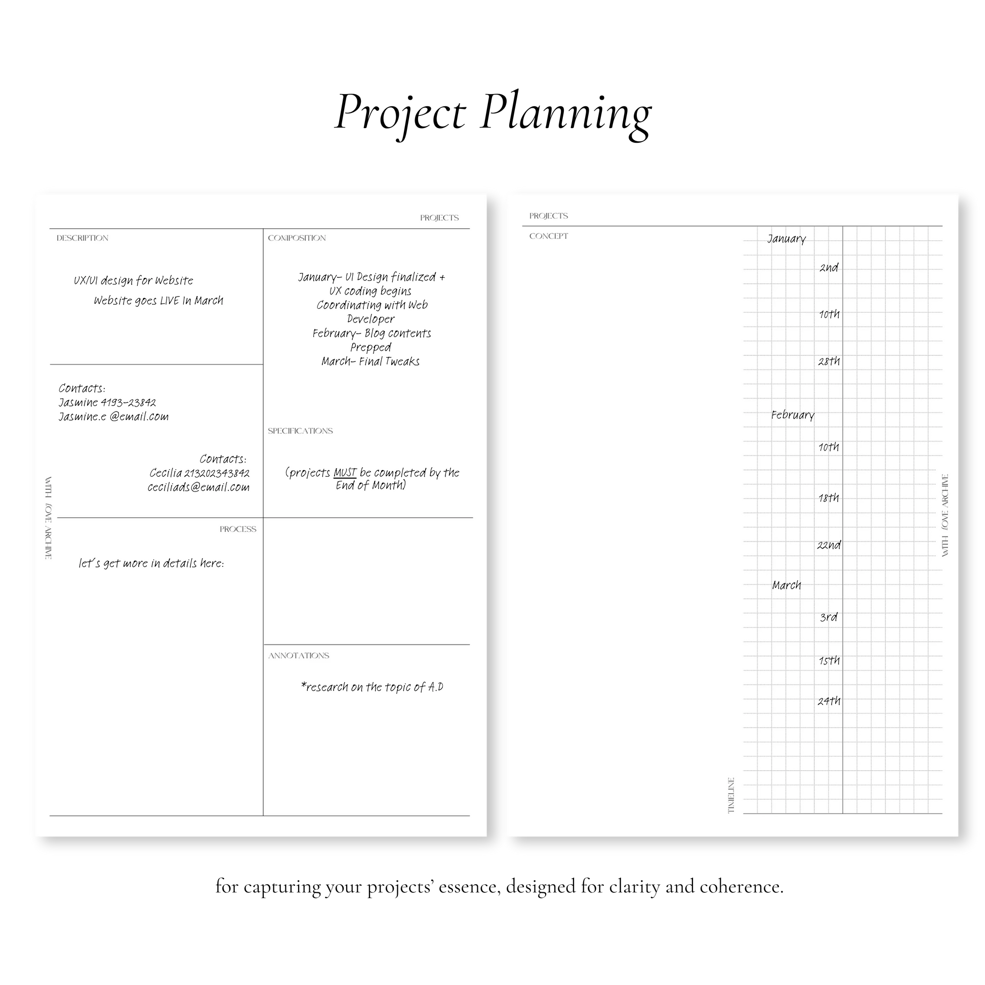Project Inserts (Index, Catalogue, Project Planning, Project Calendar) - With Love Archive