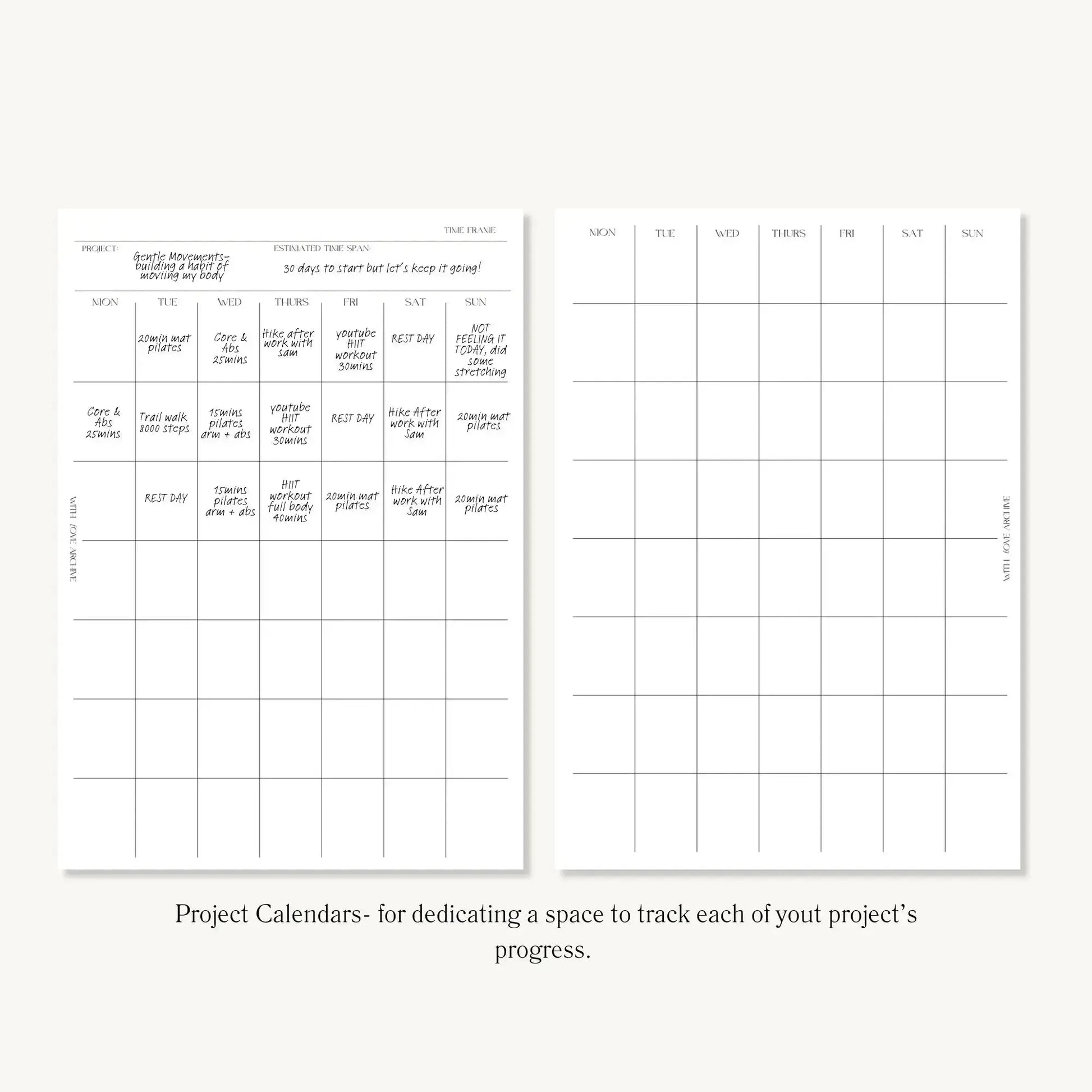 Project Inserts (Index, Catalogue, Project Planning, Project Calendar) - With Love Archive