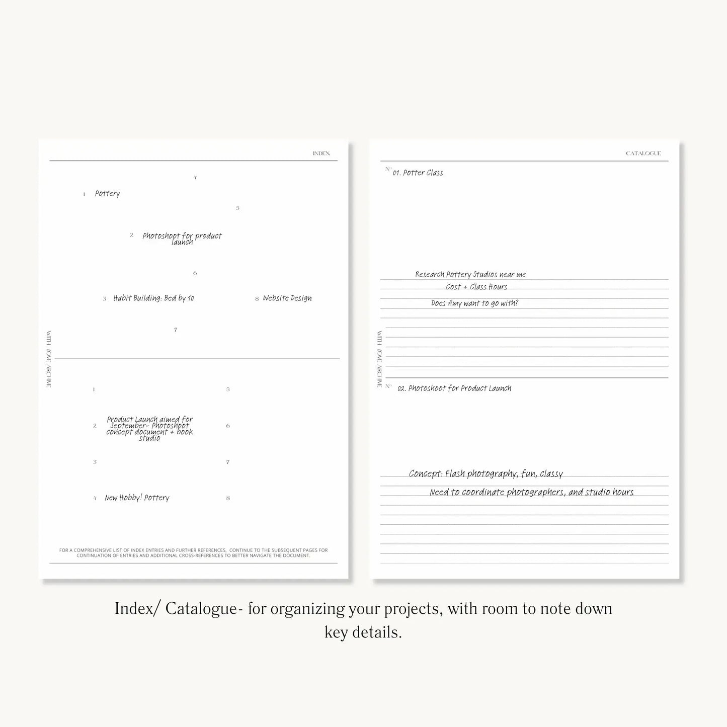 Project Inserts (Index, Catalogue, Project Planning, Project Calendar) - With Love Archive