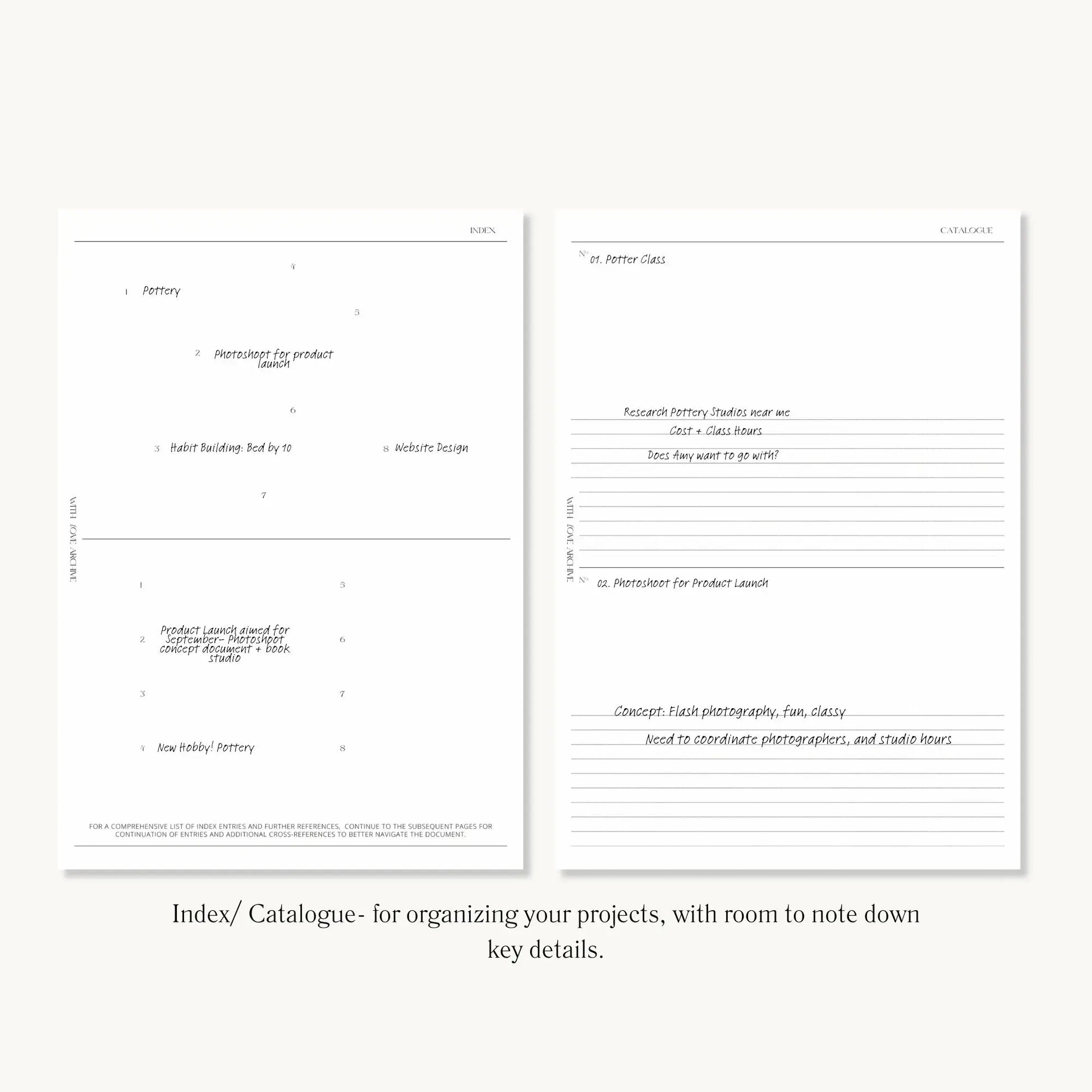 Project Inserts (Index, Catalogue, Project Planning, Project Calendar) - With Love Archive