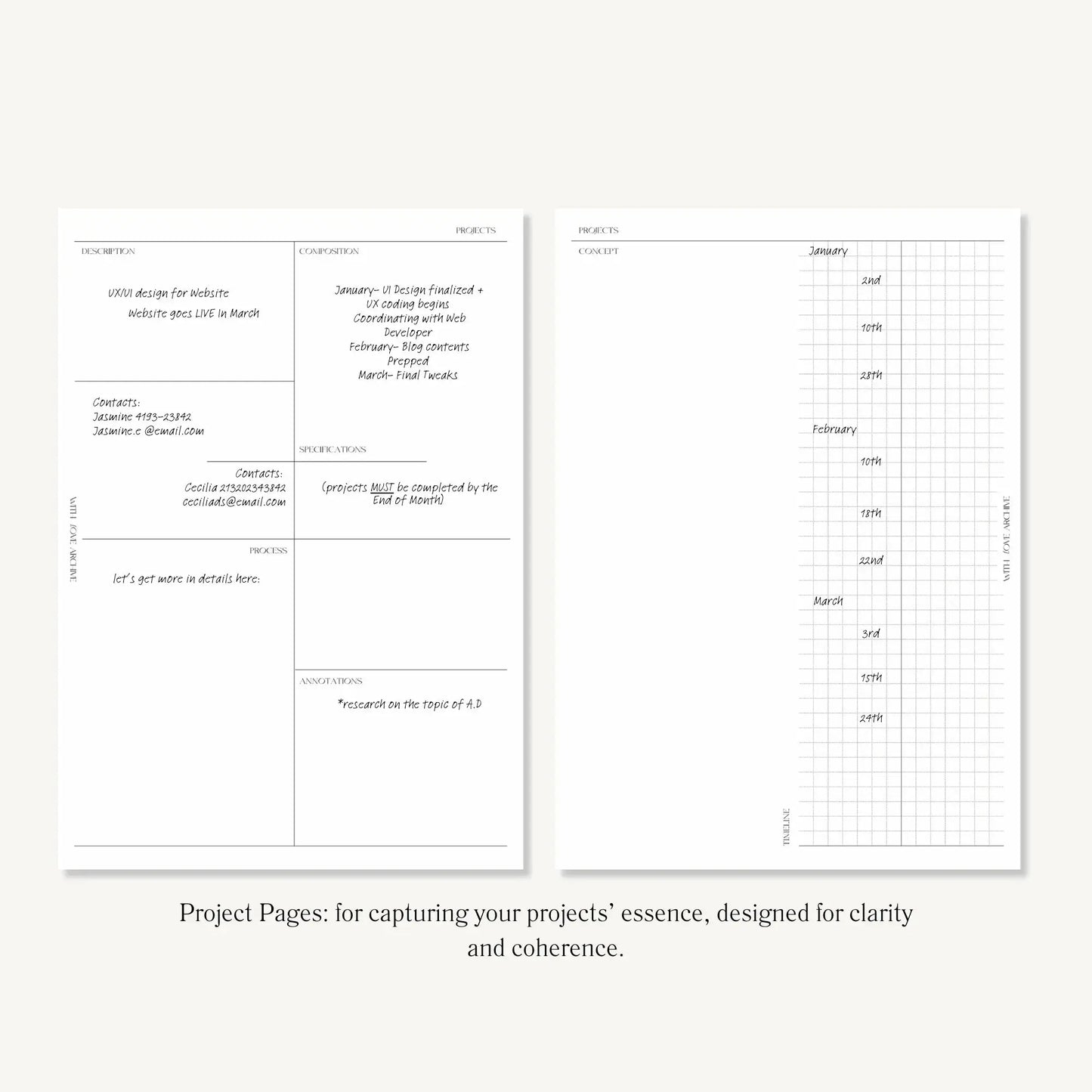 Project Inserts (Index, Catalogue, Project Planning, Project Calendar) - With Love Archive