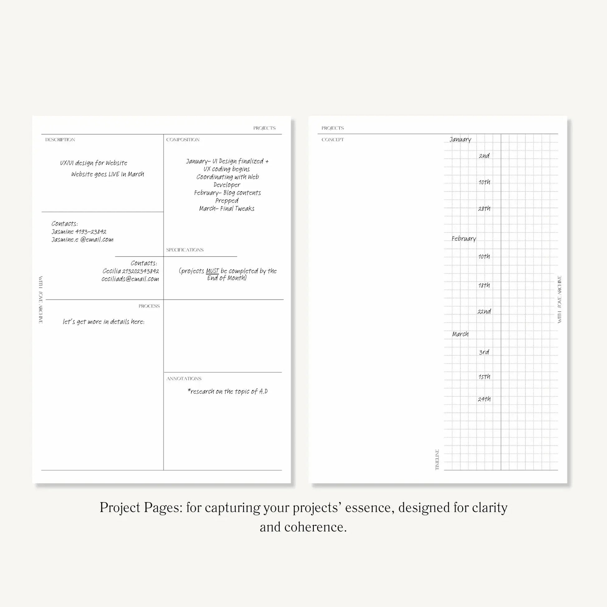 Project Inserts (Index, Catalogue, Project Planning, Project Calendar) - With Love Archive